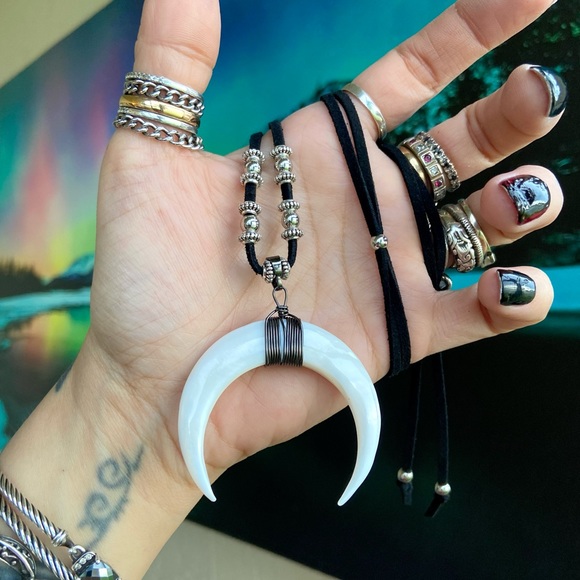 Mother of pearl up side down crecent moon charm on adjustable black suede cord - Picture 2 of 12